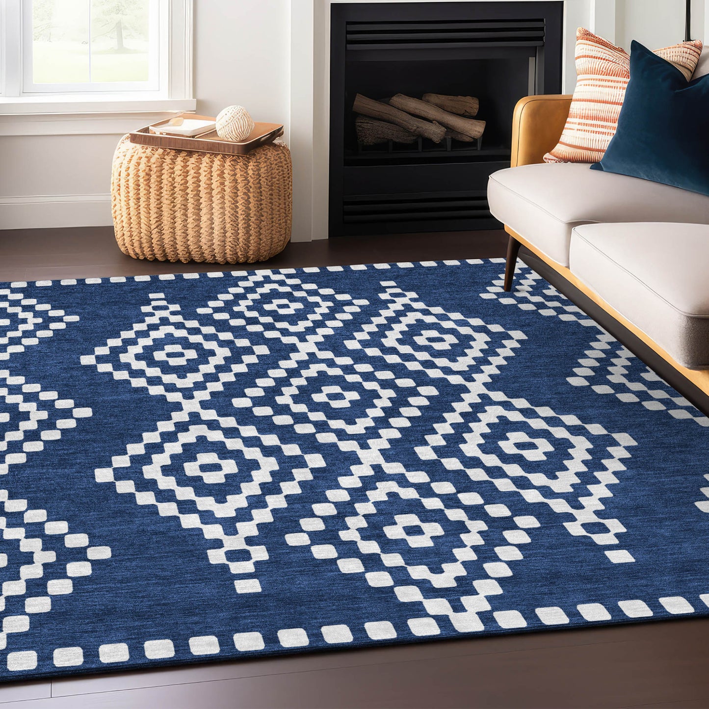 Tabselect Home Line 5' X 8' Navy Blue And Ivory Geometric Washable Indoor Outdoor Area Rug