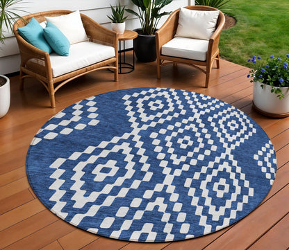 Tabselect Home Line 8' Navy Blue And Ivory Round Geometric Washable Indoor Outdoor Area Rug