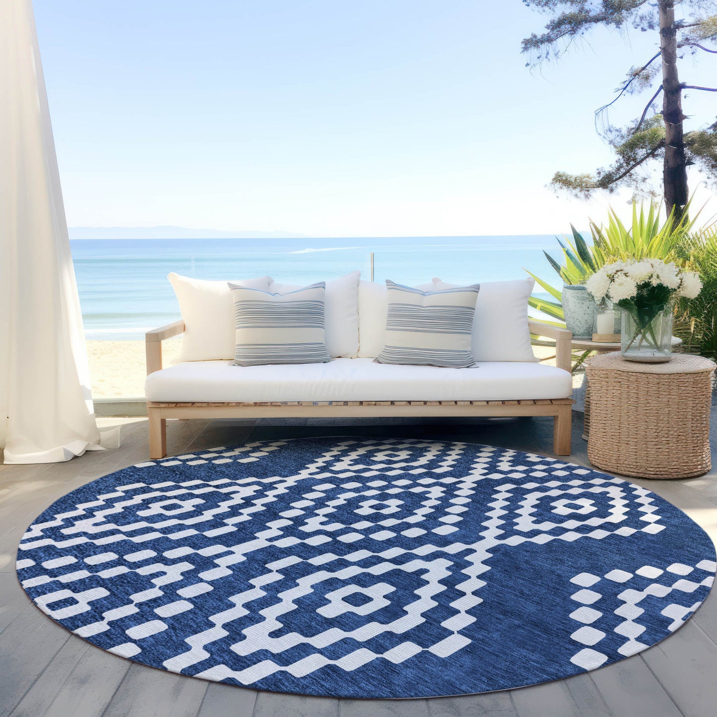 Tabselect Home Line 8' Navy Blue And Ivory Round Geometric Washable Indoor Outdoor Area Rug