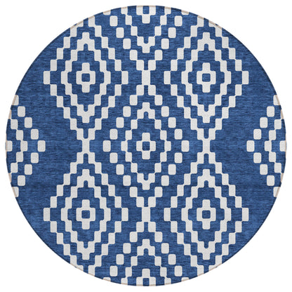Tabselect Home Line 8' Navy Blue And Ivory Round Geometric Washable Indoor Outdoor Area Rug