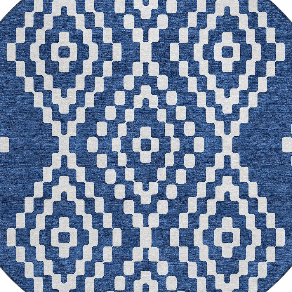 Tabselect Home Line 8' Navy Blue And Ivory Round Geometric Washable Indoor Outdoor Area Rug