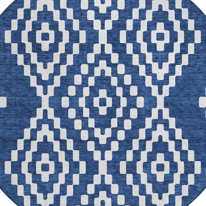Tabselect Home Line 8' Navy Blue And Ivory Round Geometric Washable Indoor Outdoor Area Rug