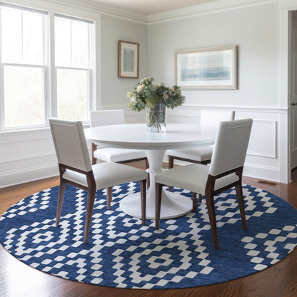 Tabselect Home Line 8' Navy Blue And Ivory Round Geometric Washable Indoor Outdoor Area Rug