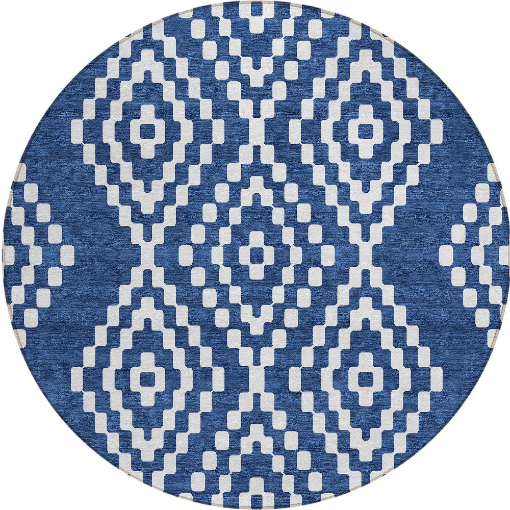 Tabselect Home Line 8' Navy Blue And Ivory Round Geometric Washable Indoor Outdoor Area Rug