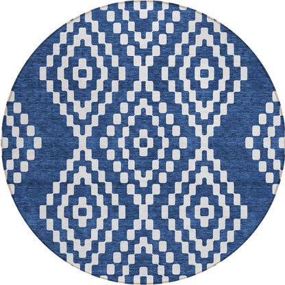 Tabselect Home Line 8' Navy Blue And Ivory Round Geometric Washable Indoor Outdoor Area Rug