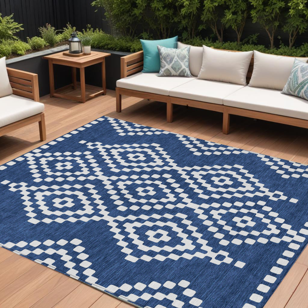 Tabselect Home Line 8' X 10' Navy Blue And Ivory Geometric Washable Indoor Outdoor Area Rug
