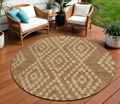 Tabselect Home Line 8' Brown And Beige Round Geometric Washable Indoor Outdoor Area Rug