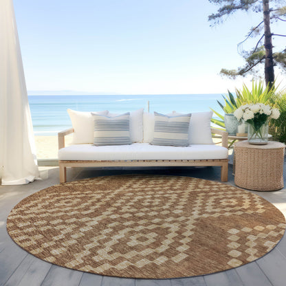 Tabselect Home Line 8' Brown And Beige Round Geometric Washable Indoor Outdoor Area Rug