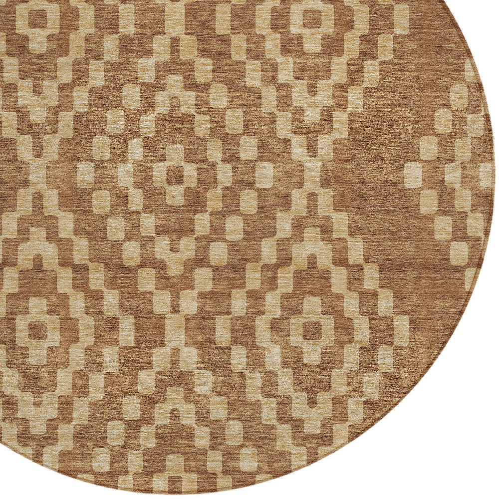 Tabselect Home Line 8' Brown And Beige Round Geometric Washable Indoor Outdoor Area Rug