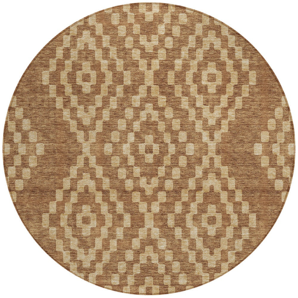 Tabselect Home Line 8' Brown And Beige Round Geometric Washable Indoor Outdoor Area Rug