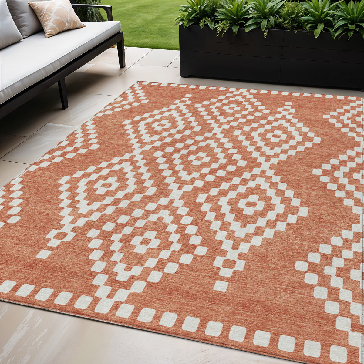 Tabselect Home Line 5' X 8' Salmon And Ivory Geometric Washable Indoor Outdoor Area Rug