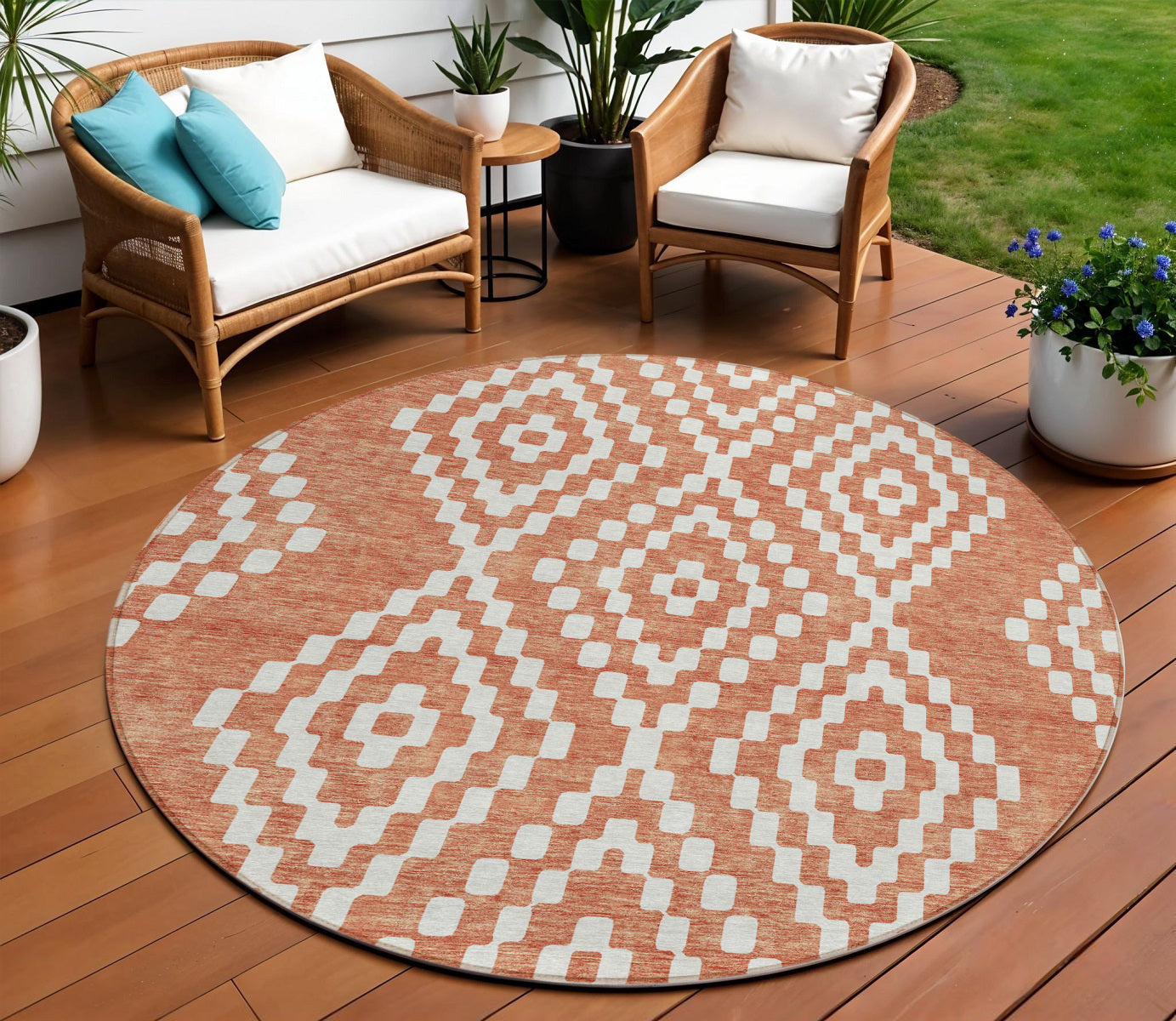 Tabselect Home Line 8' Salmon And Ivory Round Geometric Washable Indoor Outdoor Area Rug