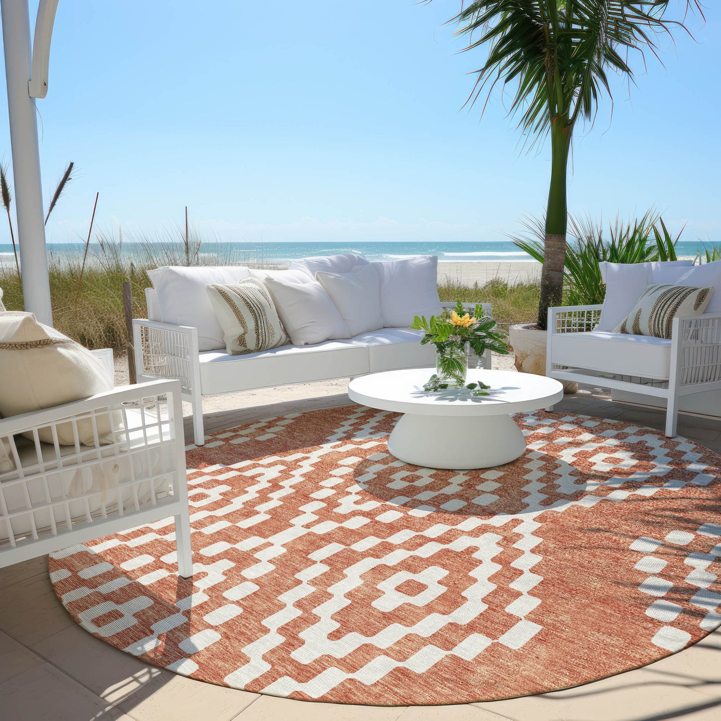 Tabselect Home Line 8' Salmon And Ivory Round Geometric Washable Indoor Outdoor Area Rug