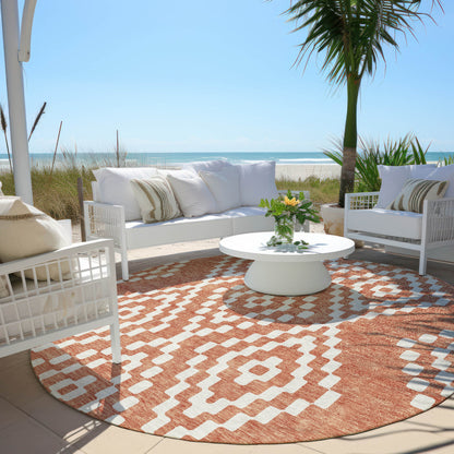 Tabselect Home Line 8' Salmon And Ivory Round Geometric Washable Indoor Outdoor Area Rug