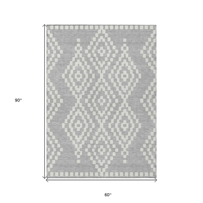 Tabselect Home Line 5' X 8' Silver And Ivory Geometric Washable Indoor Outdoor Area Rug