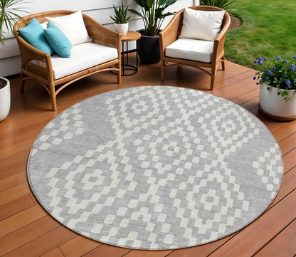 Tabselect Home Line 8' Silver And Ivory Round Geometric Washable Indoor Outdoor Area Rug