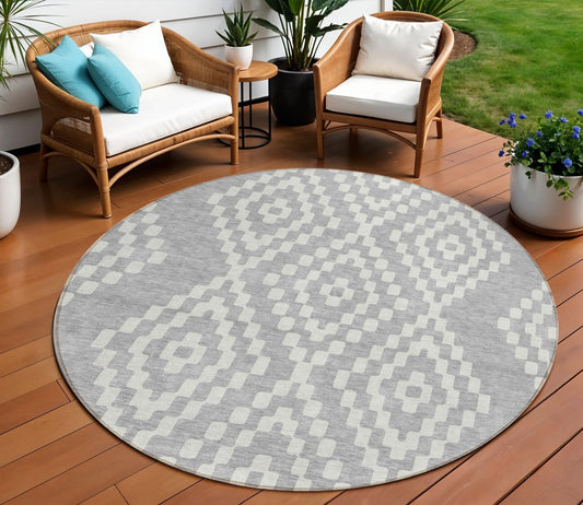 Tabselect Home Line 8' Silver And Ivory Round Geometric Washable Indoor Outdoor Area Rug