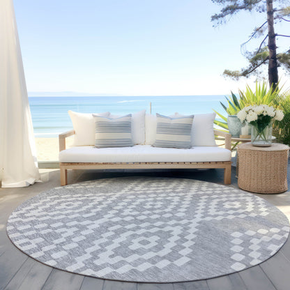 Tabselect Home Line 8' Silver And Ivory Round Geometric Washable Indoor Outdoor Area Rug