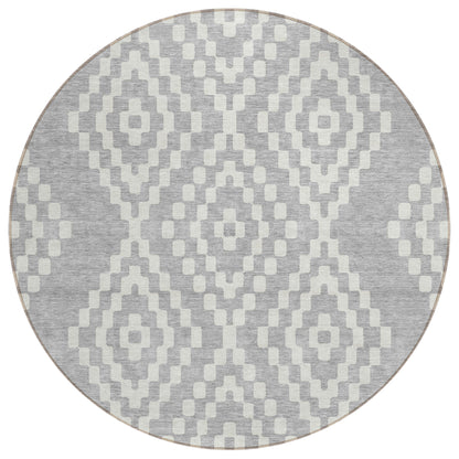 Tabselect Home Line 8' Silver And Ivory Round Geometric Washable Indoor Outdoor Area Rug