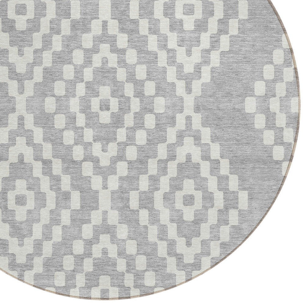 Tabselect Home Line 8' Silver And Ivory Round Geometric Washable Indoor Outdoor Area Rug