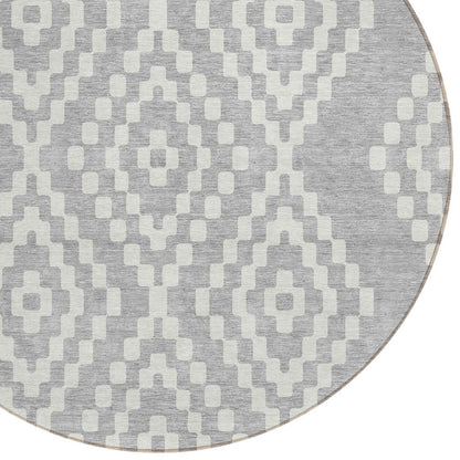 Tabselect Home Line 8' Silver And Ivory Round Geometric Washable Indoor Outdoor Area Rug