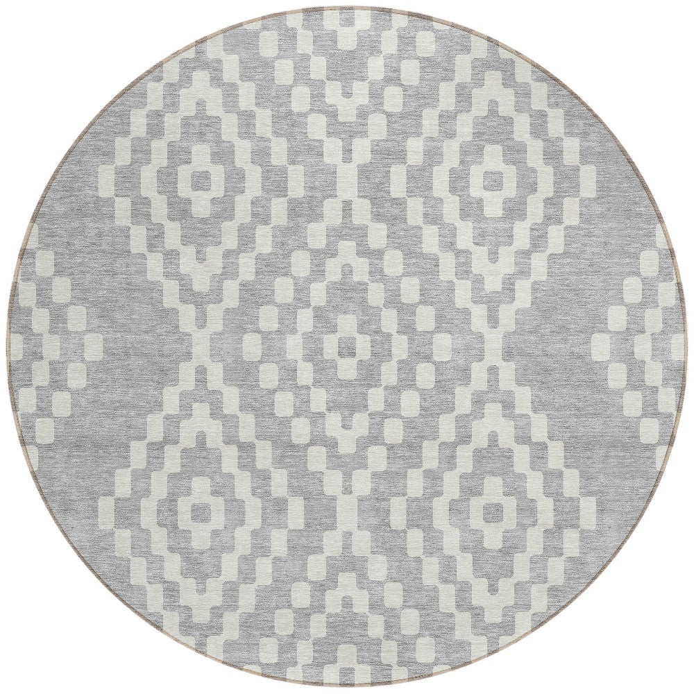 Tabselect Home Line 8' Silver And Ivory Round Geometric Washable Indoor Outdoor Area Rug