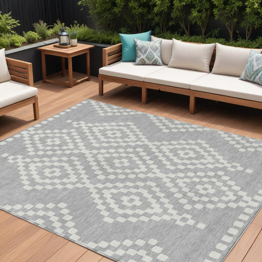 Tabselect Home Line 8' X 10' Silver And Ivory Geometric Washable Indoor Outdoor Area Rug
