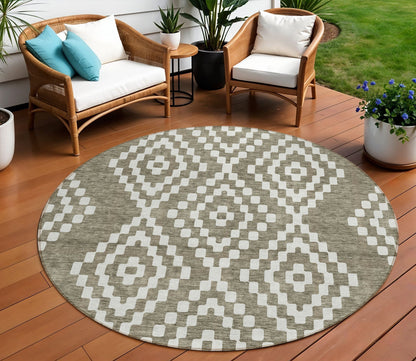 Tabselect Home Line 8' Taupe And Ivory Round Geometric Washable Indoor Outdoor Area Rug