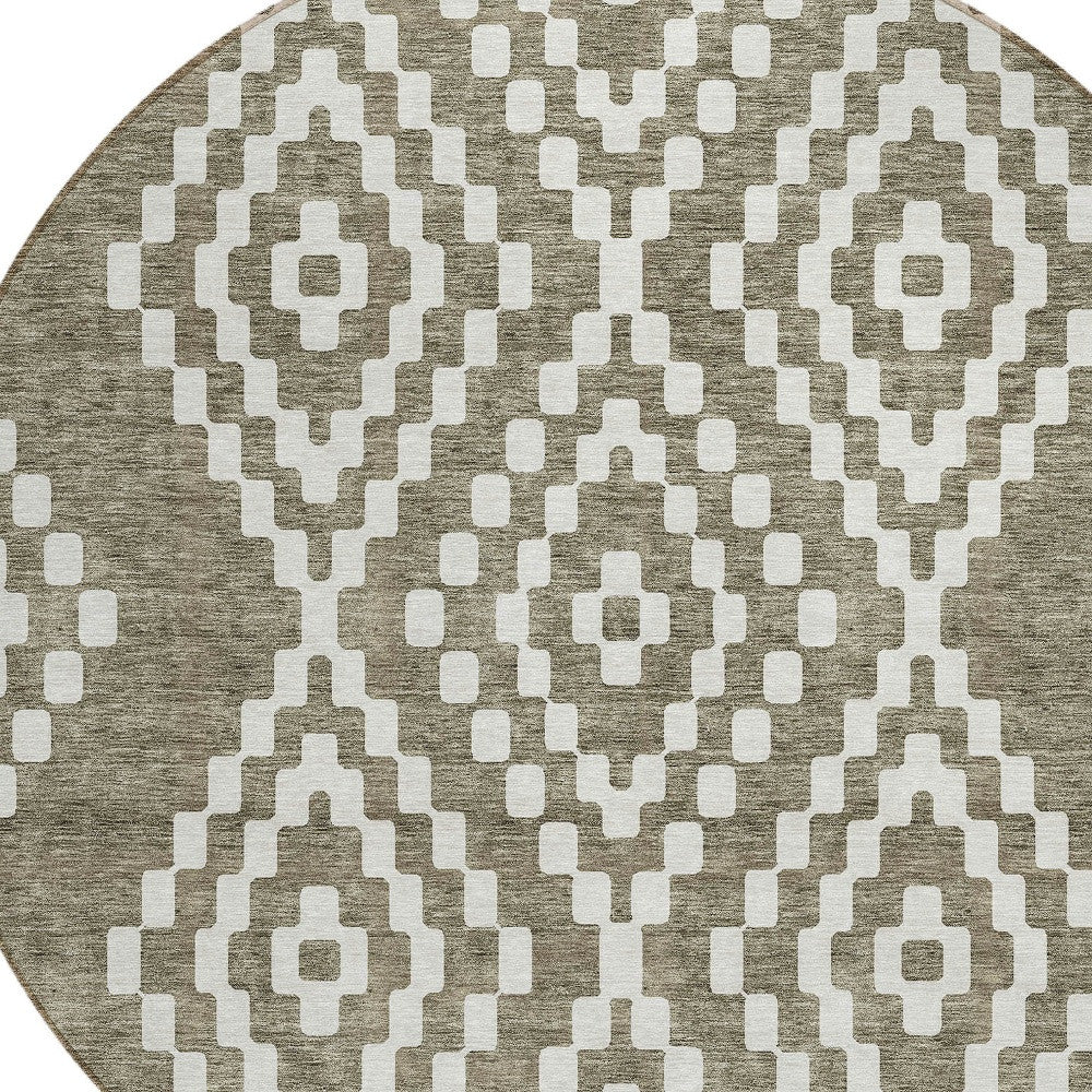 Tabselect Home Line 8' Taupe And Ivory Round Geometric Washable Indoor Outdoor Area Rug