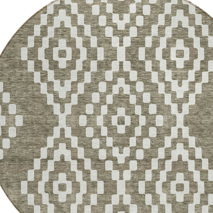 Tabselect Home Line 8' Taupe And Ivory Round Geometric Washable Indoor Outdoor Area Rug