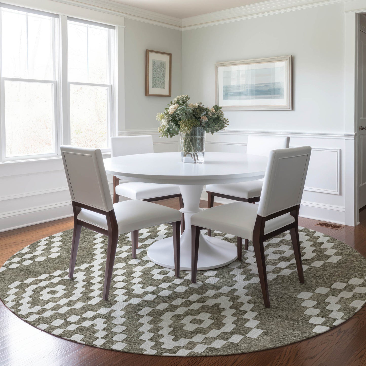 Tabselect Home Line 8' Taupe And Ivory Round Geometric Washable Indoor Outdoor Area Rug