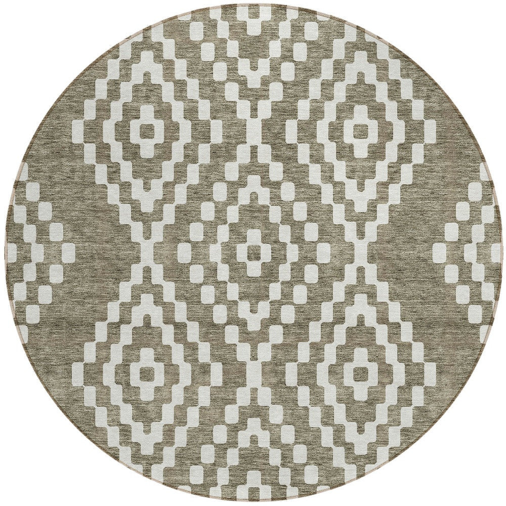 Tabselect Home Line 8' Taupe And Ivory Round Geometric Washable Indoor Outdoor Area Rug