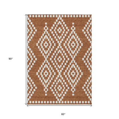 Tabselect Home Line 5' X 8' Terra Cotta And Ivory Geometric Washable Indoor Outdoor Area Rug