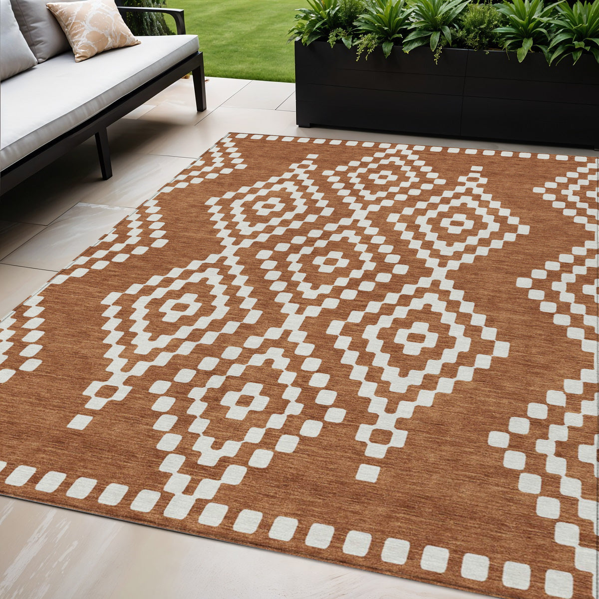 Tabselect Home Line 5' X 8' Terra Cotta And Ivory Geometric Washable Indoor Outdoor Area Rug