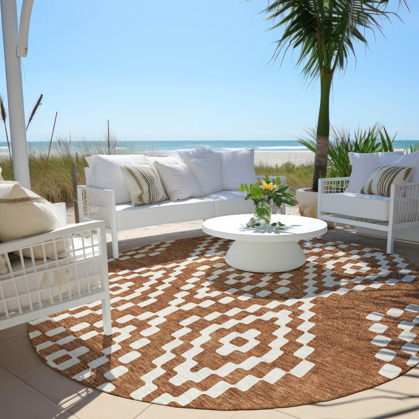 Tabselect Home Line 8' Terra Cotta And Ivory Round Geometric Washable Indoor Outdoor Area Rug