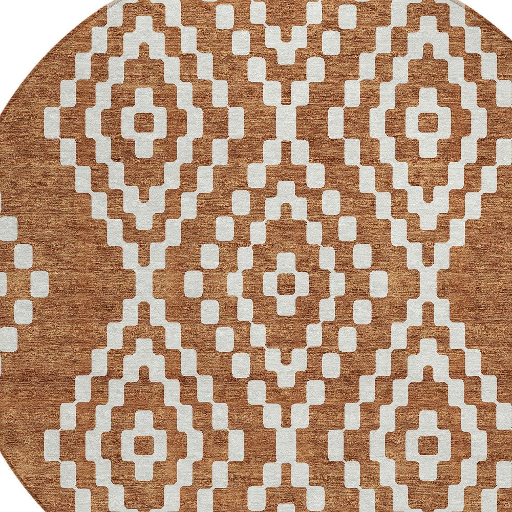 Tabselect Home Line 8' Terra Cotta And Ivory Round Geometric Washable Indoor Outdoor Area Rug