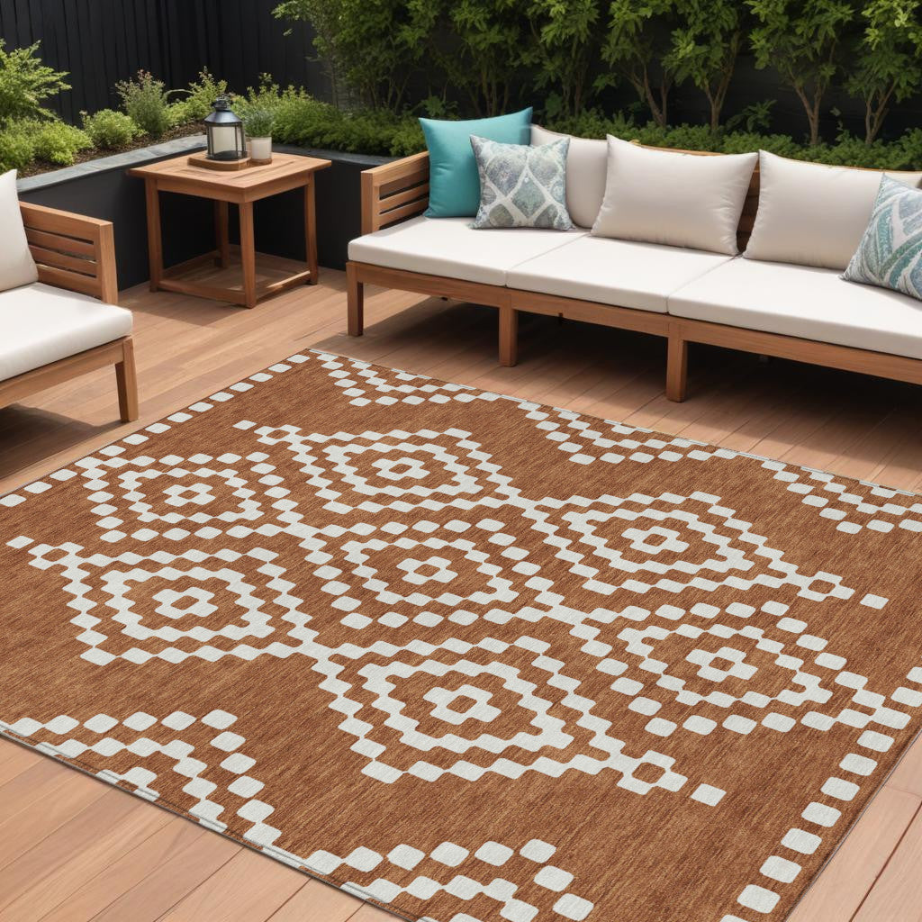 Tabselect Home Line 8' X 10' Terra Cotta And Ivory Geometric Washable Indoor Outdoor Area Rug