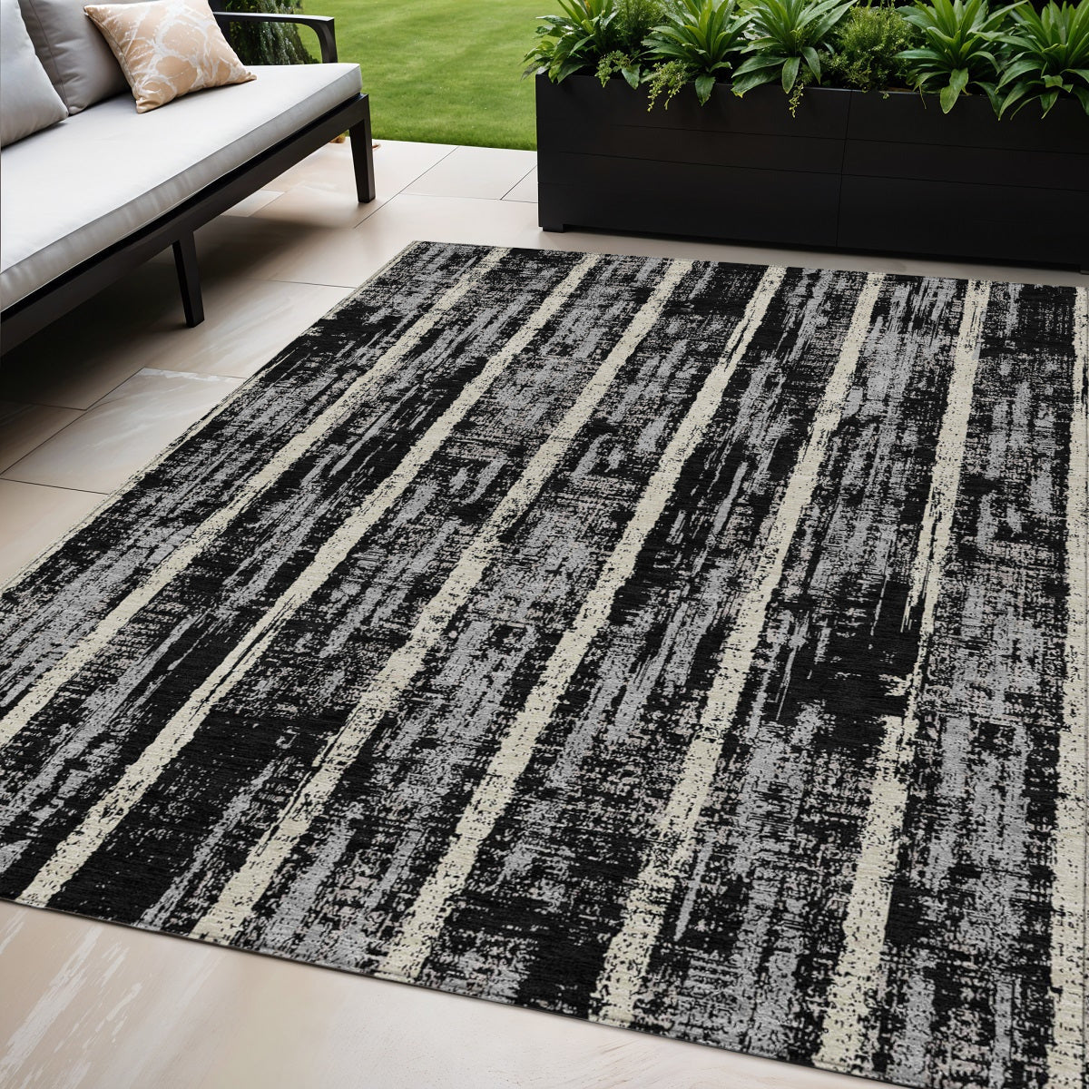 Tabselect Home Line 5' X 8' Black Gray And Ivory Striped Washable Indoor Outdoor Area Rug