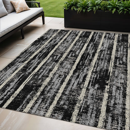 Tabselect Home Line 5' X 8' Black Gray And Ivory Striped Washable Indoor Outdoor Area Rug