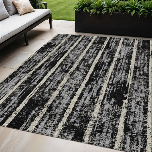 Tabselect Home Line 5' X 8' Black Gray And Ivory Striped Washable Indoor Outdoor Area Rug