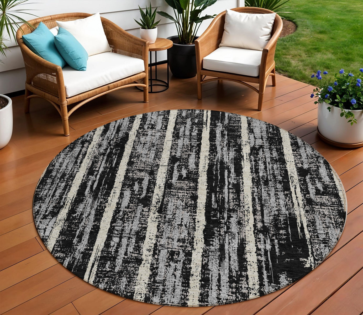 Tabselect Home Line 8' Black Gray And Ivory Round Striped Washable Indoor Outdoor Area Rug