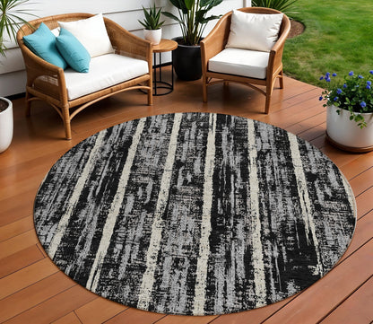 Tabselect Home Line 8' Black Gray And Ivory Round Striped Washable Indoor Outdoor Area Rug