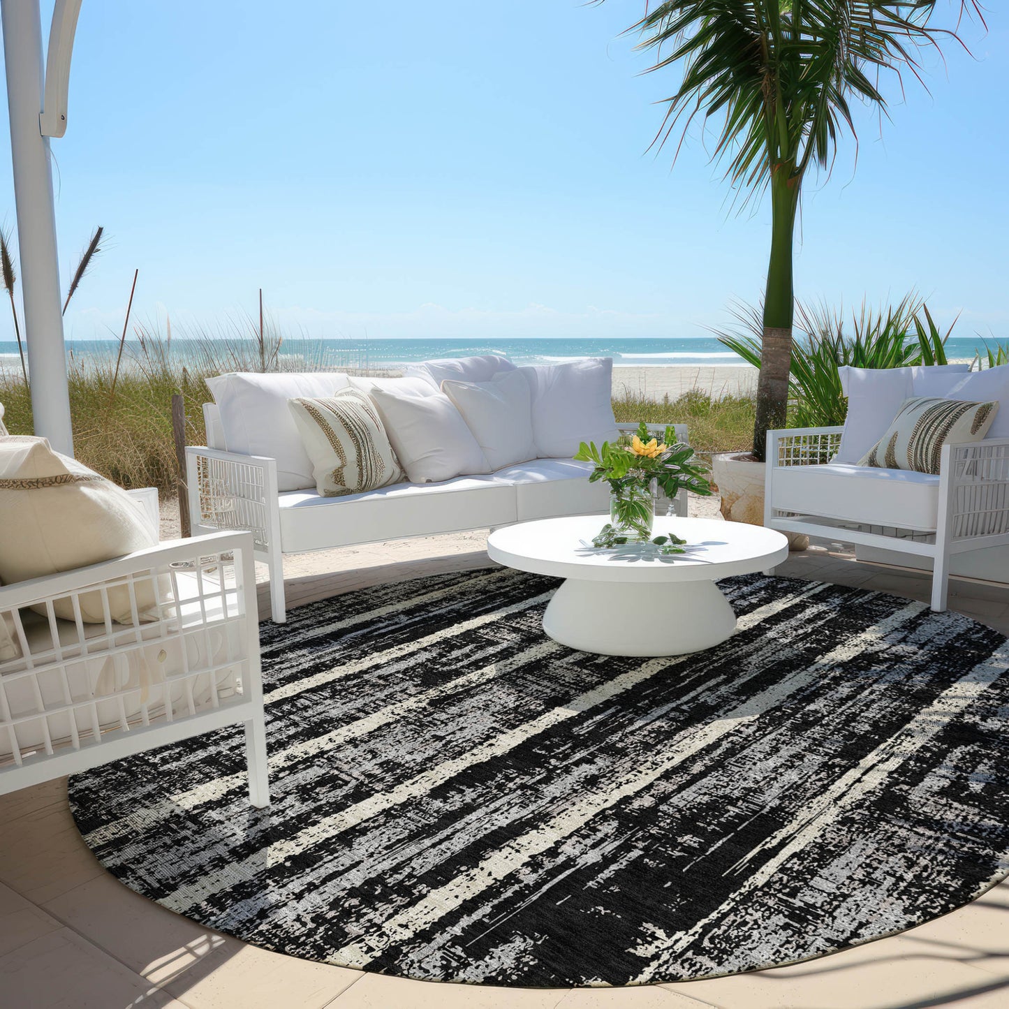 Tabselect Home Line 8' Black Gray And Ivory Round Striped Washable Indoor Outdoor Area Rug