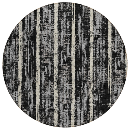 Tabselect Home Line 8' Black Gray And Ivory Round Striped Washable Indoor Outdoor Area Rug