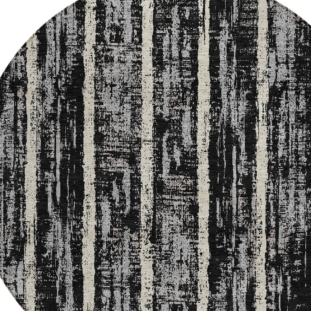 Tabselect Home Line 8' Black Gray And Ivory Round Striped Washable Indoor Outdoor Area Rug