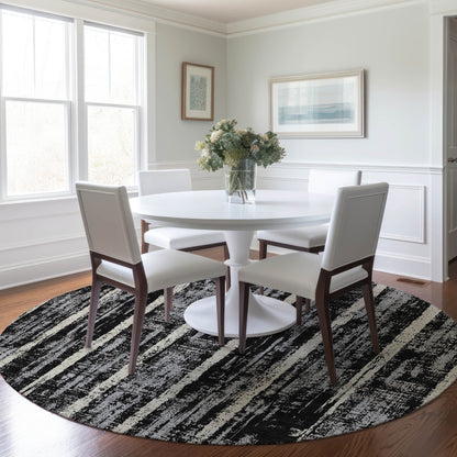 Tabselect Home Line 8' Black Gray And Ivory Round Striped Washable Indoor Outdoor Area Rug