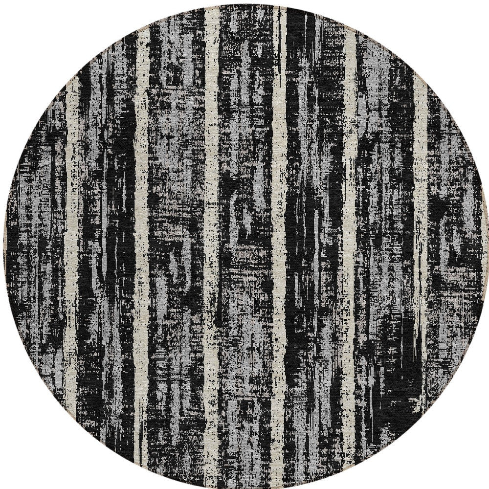 Tabselect Home Line 8' Black Gray And Ivory Round Striped Washable Indoor Outdoor Area Rug