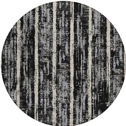 Tabselect Home Line 8' Black Gray And Ivory Round Striped Washable Indoor Outdoor Area Rug