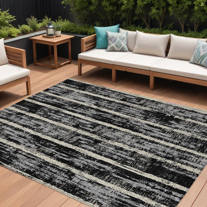 Tabselect Home Line 8' X 10' Black Gray And Ivory Striped Washable Indoor Outdoor Area Rug