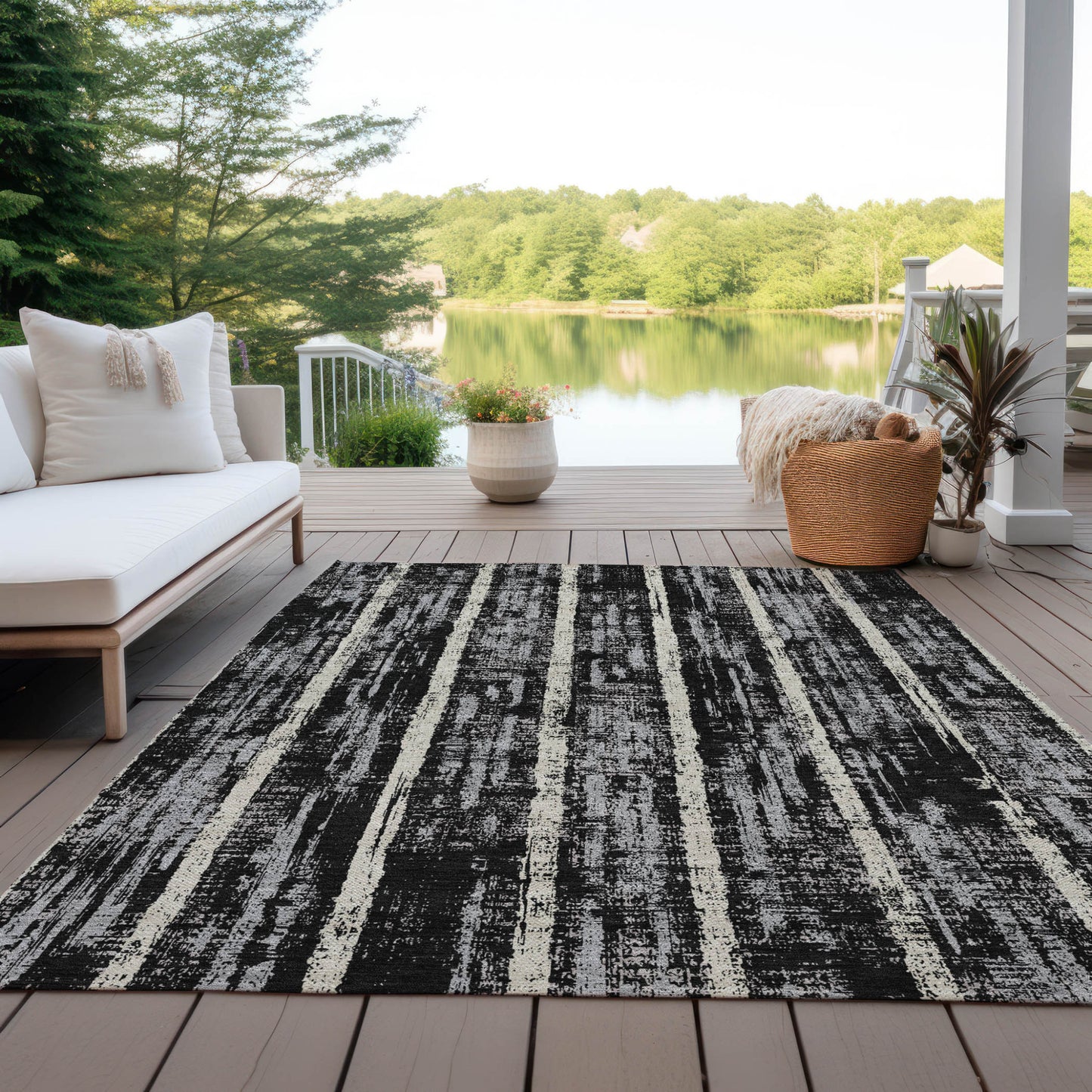 Tabselect Home Line 8' X 10' Black Gray And Ivory Striped Washable Indoor Outdoor Area Rug